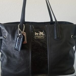 COACH Charlie Chelsea Black Leather Stripe CARRYALL Purse